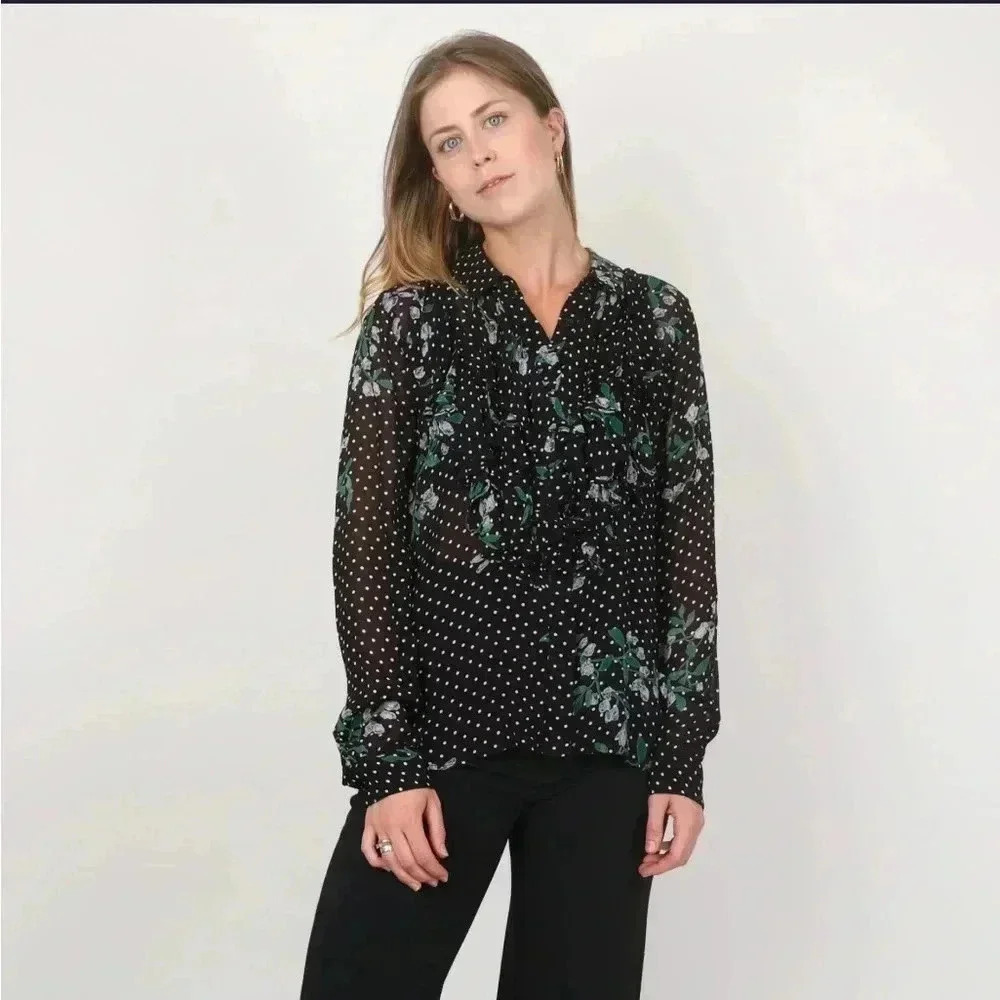 Ganni Black and Floral Sheer Button Front Blouse Silk EUC Size EU 38 (US 8)